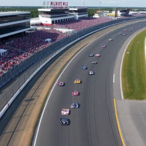 IndyCar cars racing at the Milwaukee Mile track