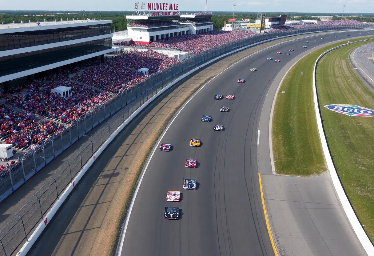IndyCar cars racing at the Milwaukee Mile track