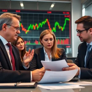 Investors discussing investment fraud in a corporate office