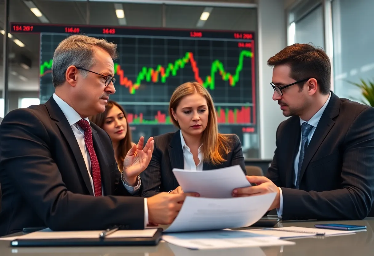 Investors discussing investment fraud in a corporate office