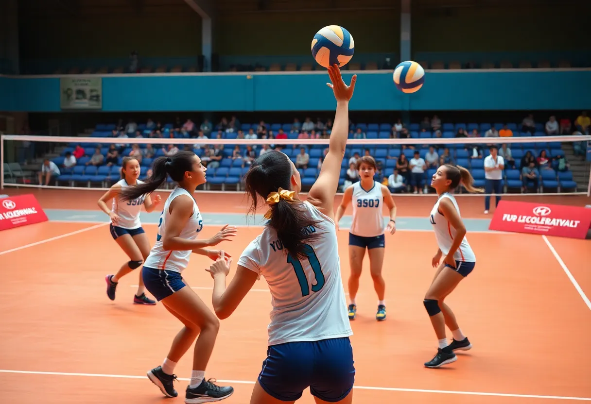 Action shot of a volleyball match showcasing players from JMU.