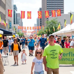 Families celebrating at Laborfest in Milwaukee with parade and music.