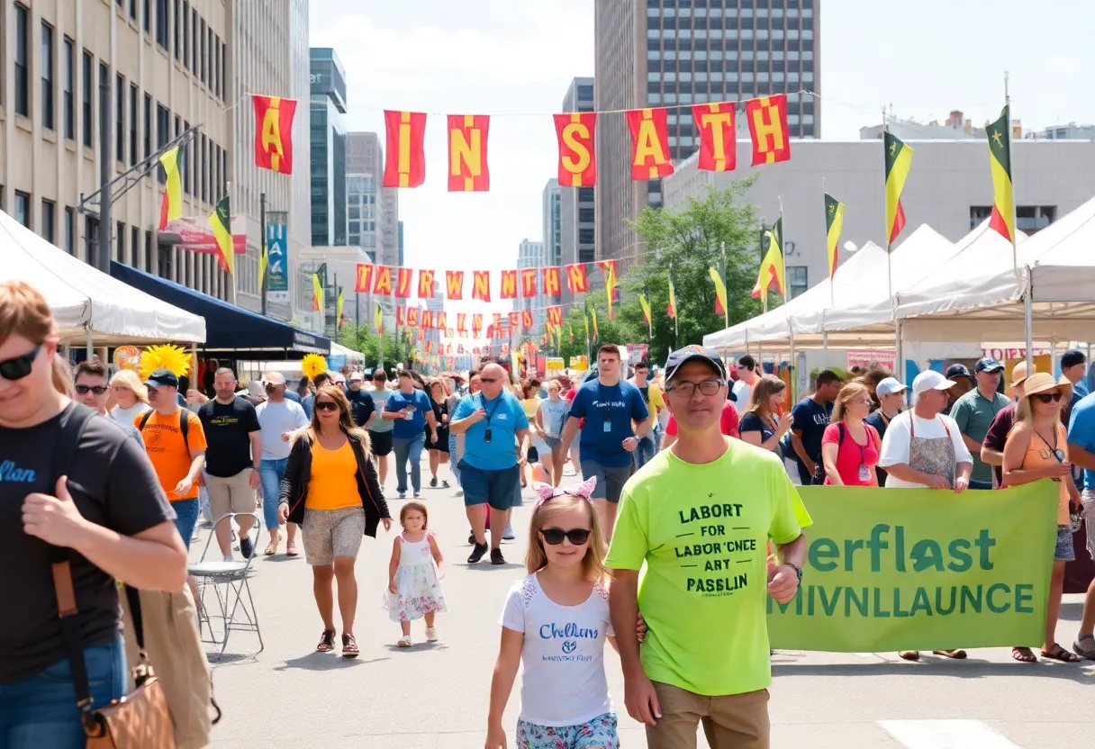 Families celebrating at Laborfest in Milwaukee with parade and music.