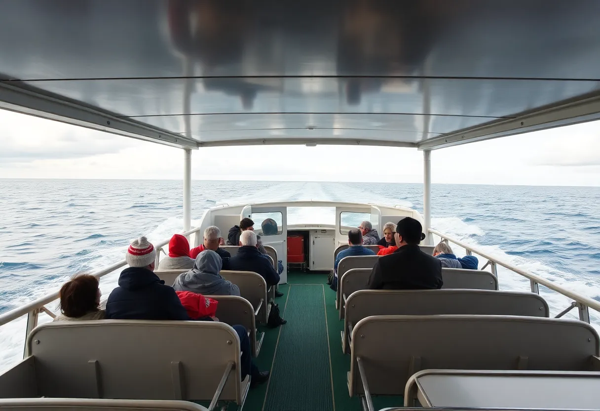 Passengers onboard the Lake Express ferry facing rough waves.