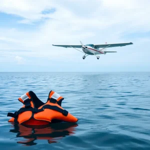 Scene of a small plane crash into Lake Michigan with life jackets visible in the water.