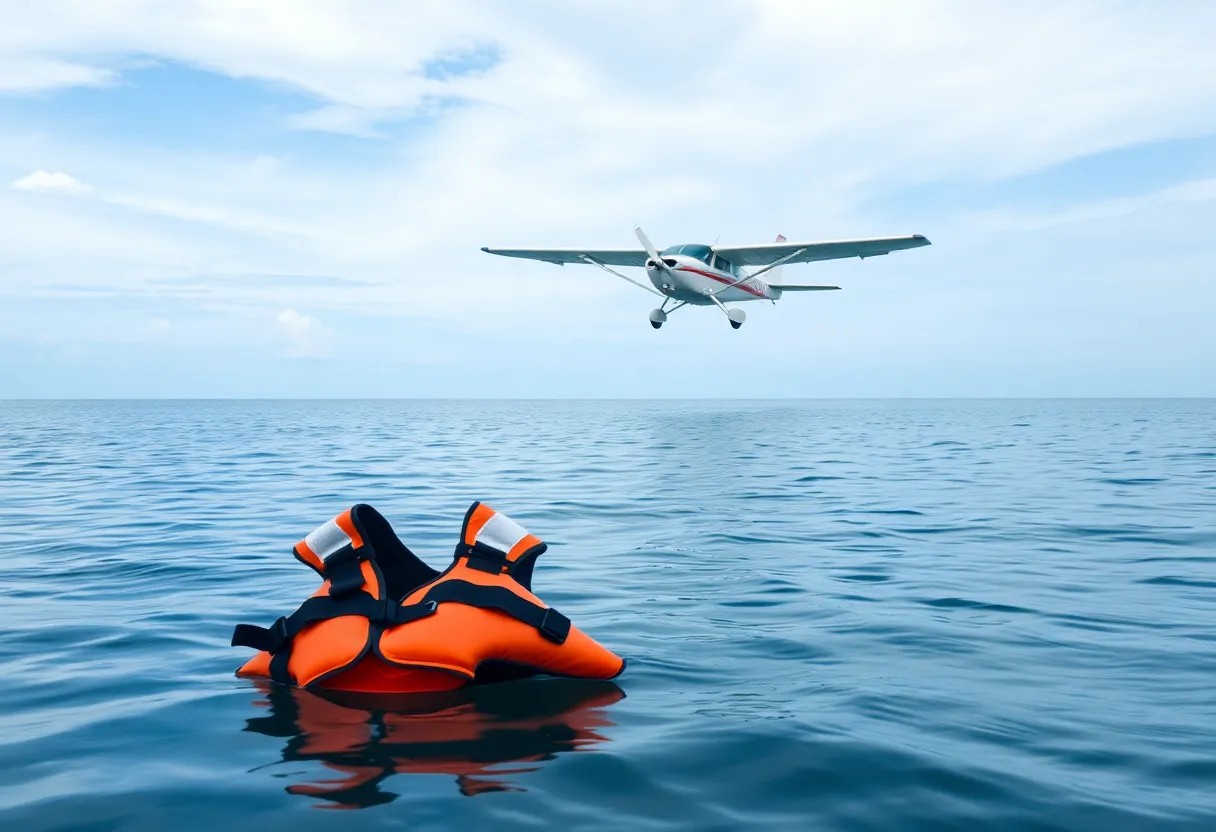 Scene of a small plane crash into Lake Michigan with life jackets visible in the water.