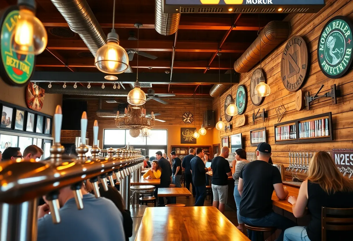 Interior of Lombardi Brewing Co. taproom with patrons enjoying craft beer.