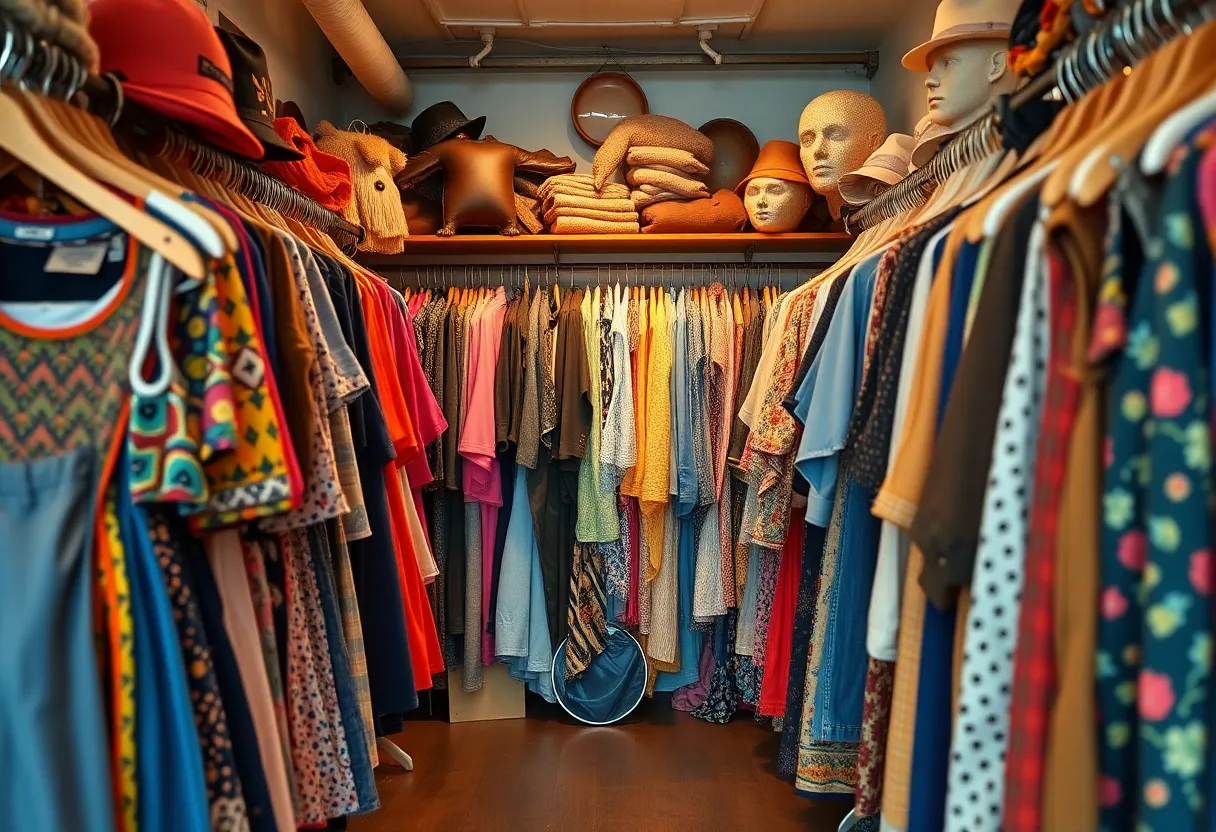 Interior view of Lowwstock Vintage clothing store filled with diverse vintage clothing.