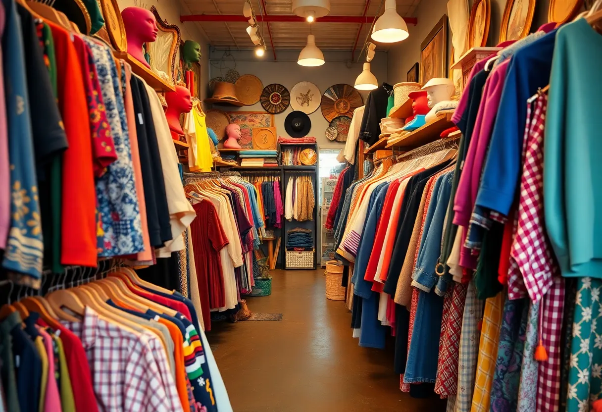 Interior of Lowwstock Vintage clothing store showing colorful racks of vintage clothing.