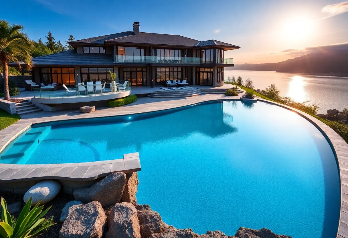 Luxury home featuring an infinity pool and lake view
