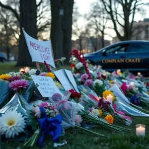 Memorial with flowers and candles for the victims of a car crash involving Marquette University students.