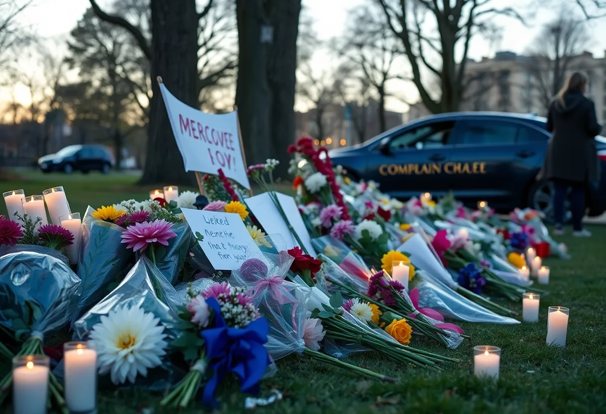 Memorial with flowers and candles for the victims of a car crash involving Marquette University students.