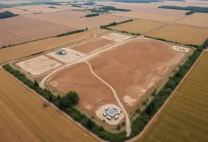 Aerial view of the proposed Microsoft data center location in Caledonia, Wisconsin, showing lush green areas and infrastructure.