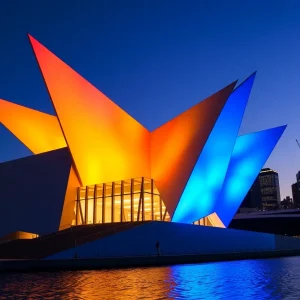 Burke Brise Soleil wings at the Milwaukee Art Museum lit up at night