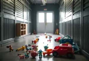 Interior of a neglected storage unit with children's belongings