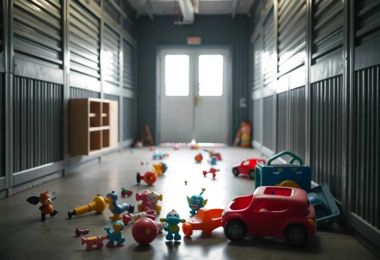 Interior of a neglected storage unit with children's belongings
