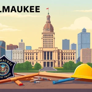 Milwaukee city skyline with construction tools in front