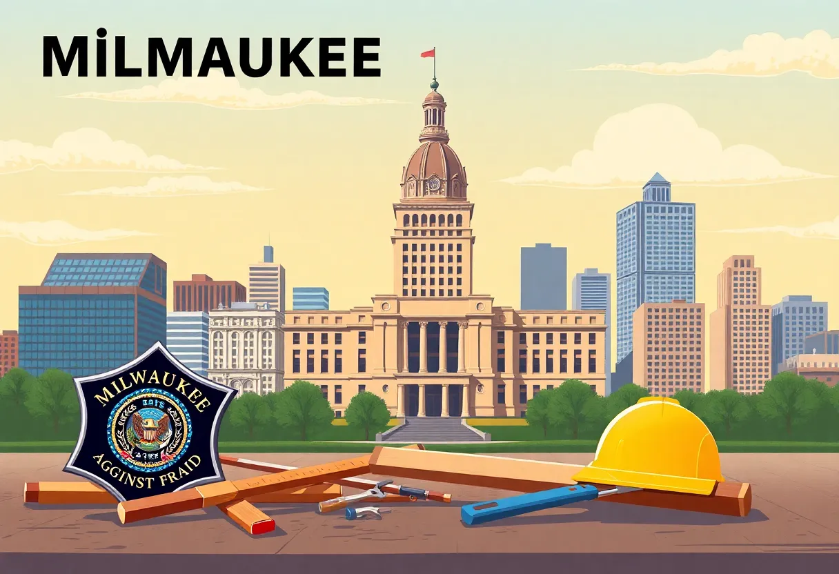 Milwaukee city skyline with construction tools in front