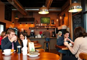 People enjoying coffee at a Milwaukee coffee shop during National Coffee Day