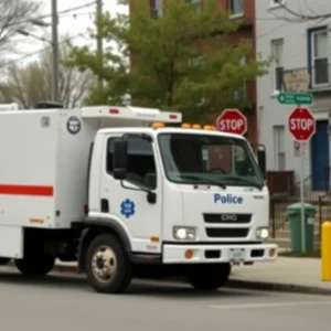 Public works vehicle parked in an urban area of Milwaukee