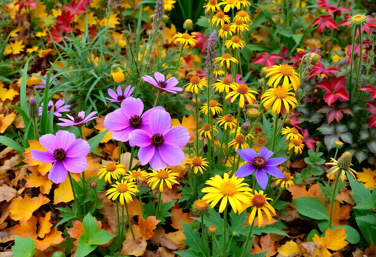 Colorful fall garden with blooming native plants in Milwaukee