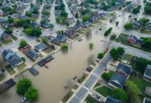 Aerial view of flooding in Milwaukee affecting homes and roads