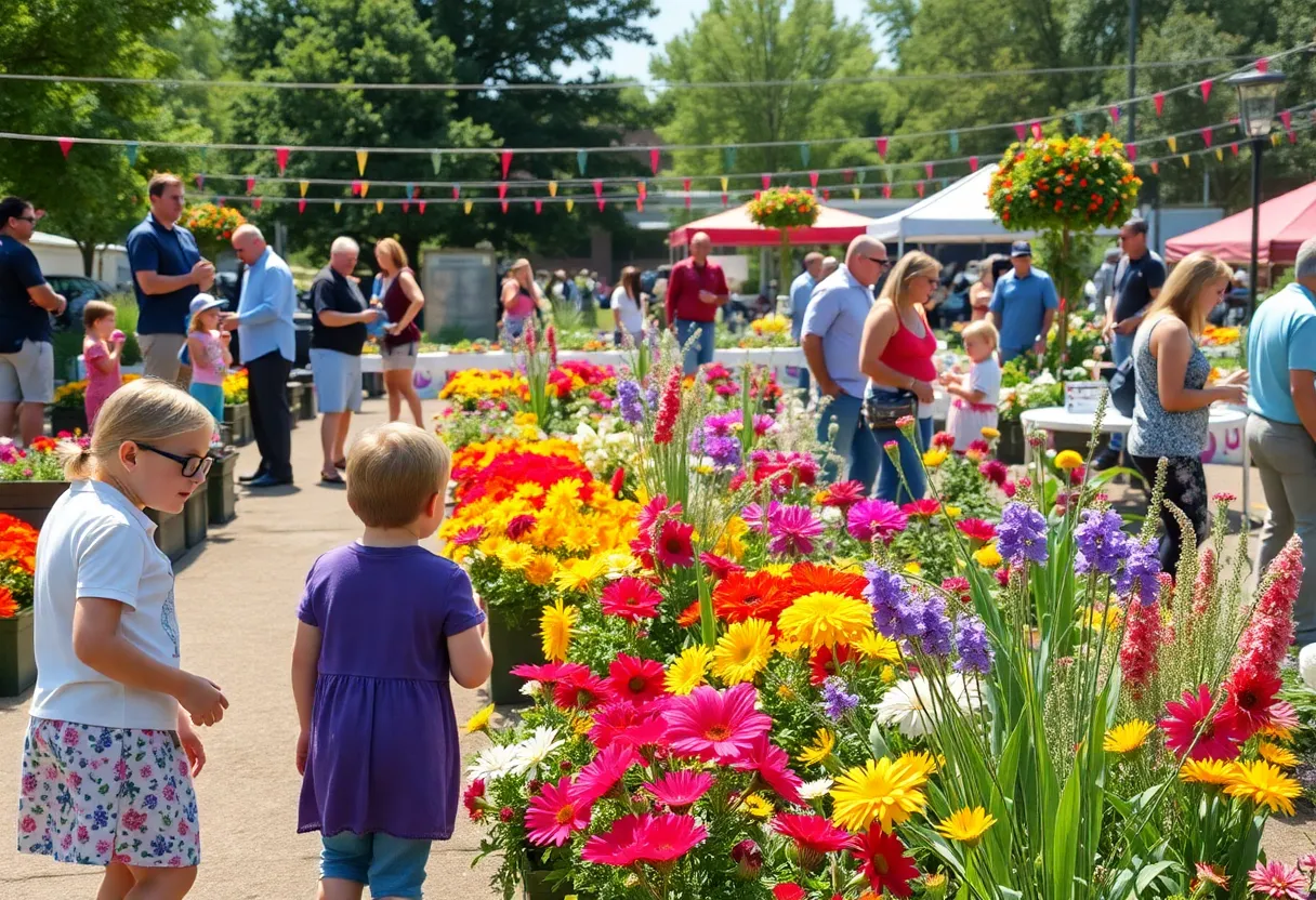 Families enjoying a garden event in Milwaukee with flowers and activities.