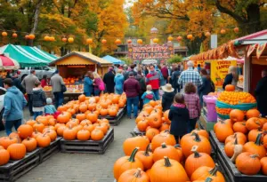 Families enjoying activities at the Milwaukee Harvest Fair in autumn.