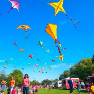 Colorful kites soaring in the sky during the Frank Mots International Kite Festival at Veterans Park.