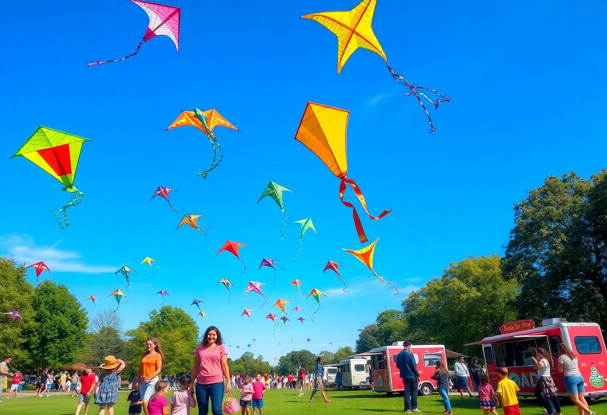 Colorful kites soaring in the sky during the Frank Mots International Kite Festival at Veterans Park.