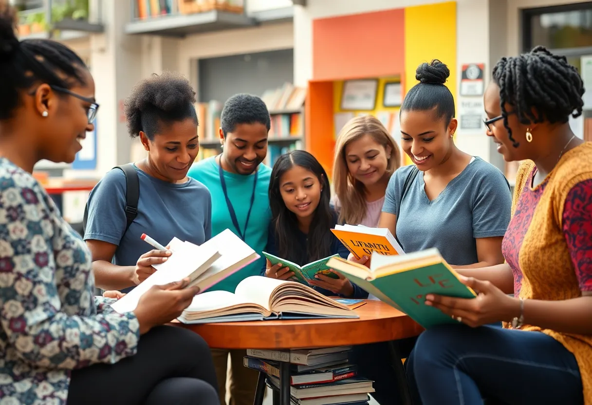 Diverse educators and community members engaging in literacy instruction