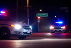 Police car with flashing lights during a traffic stop at night in Milwaukee.