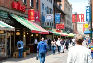 Vibrant market street in Milwaukee with various small businesses