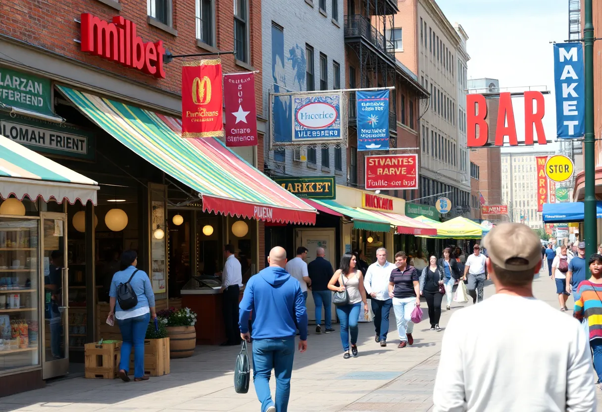 Vibrant market street in Milwaukee with various small businesses
