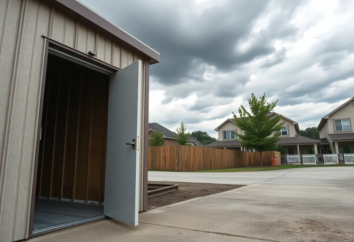 Storage unit door ajar in a neighborhood