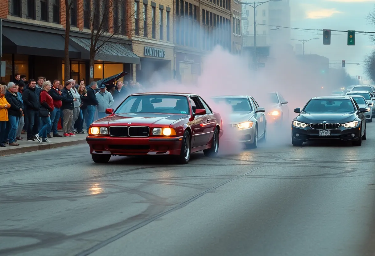Cars performing stunts in a chaotic Milwaukee street takeover