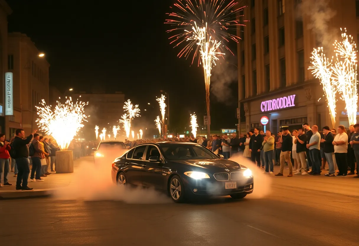 Crowd at a street takeover event in Milwaukee with vehicles and smoke.