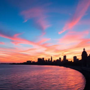 A stunning sunset over Lake Michigan with Milwaukee's skyline in view.