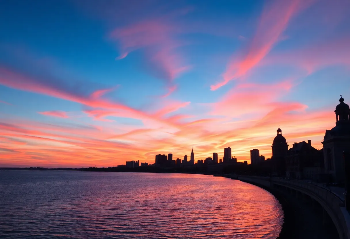 A stunning sunset over Lake Michigan with Milwaukee's skyline in view.
