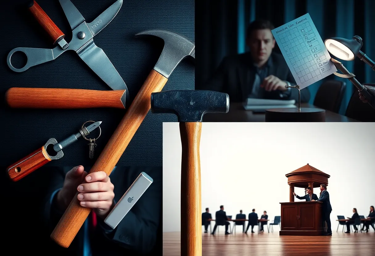 Courtroom scene depicting theft investigation related to Milwaukee Tool