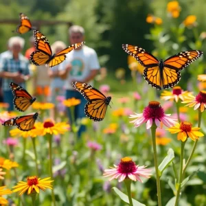 Monarch butterflies flying around milkweed in a garden