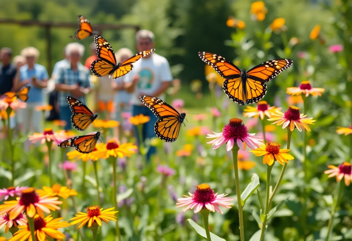 Monarch butterflies flying around milkweed in a garden