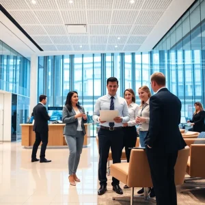 Commercial banking professionals collaborating in a modern bank setting