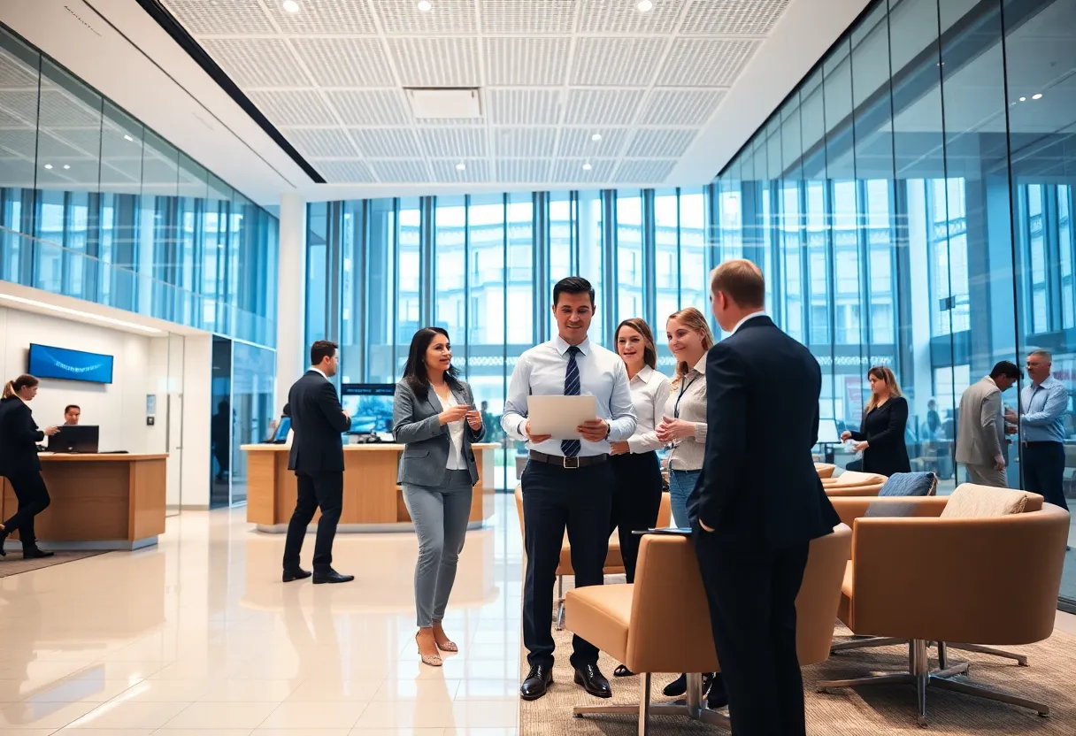 Commercial banking professionals collaborating in a modern bank setting