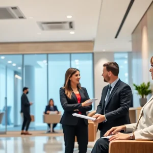 Interior view of a modern bank with business professionals meeting.
