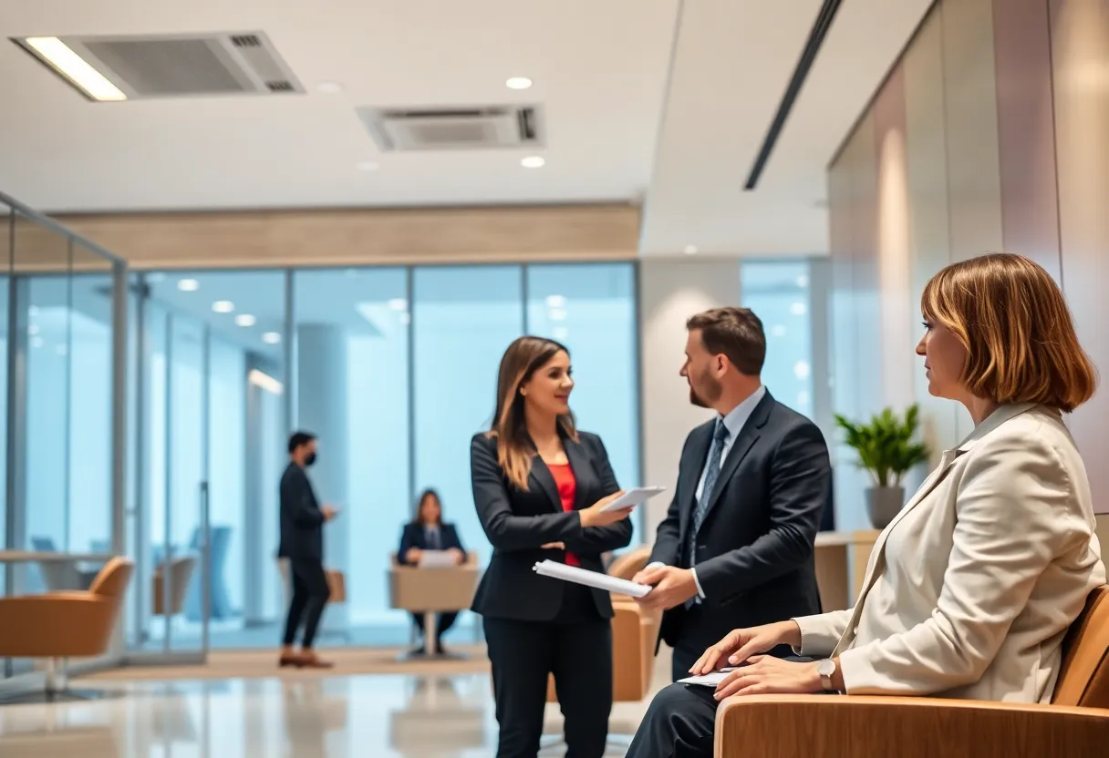 Interior view of a modern bank with business professionals meeting.