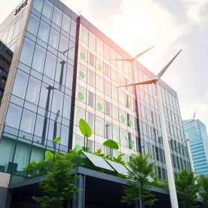 Modern financial building with green energy symbols
