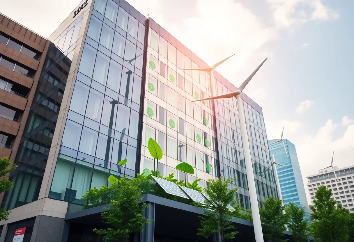 Modern financial building with green energy symbols