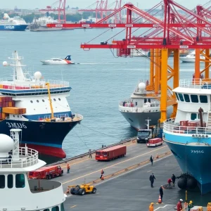 Cargo and cruise ships at Port Milwaukee with workers overseeing operations.