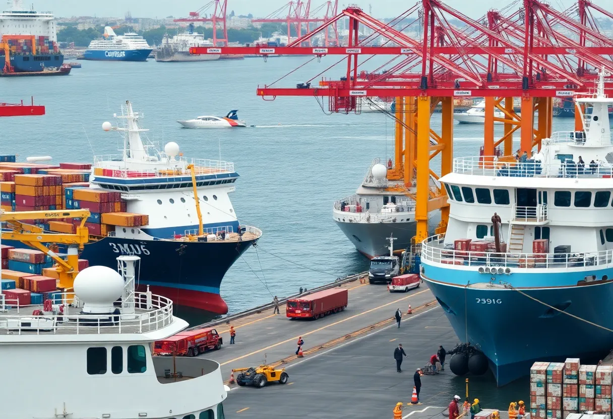 Cargo and cruise ships at Port Milwaukee with workers overseeing operations.